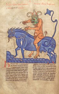 سمك القد. الجرف. 1 فالداخل. خط العرض. 41V ، إبليس يركب عملاقًا ، من Liber Floridus بقلم Lambert de Saint-Omer c.1120 بواسطة المدرسة الفرنسية