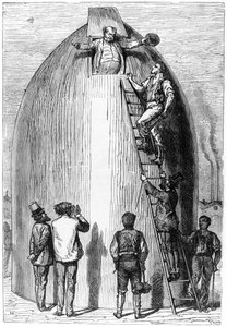 بناء صاروخ ، رسم توضيحي من الأرض إلى القمر بقلم جول فيرن (1828-1905) باريس ، هتزل ، نُشر عام 1865 بواسطة المدرسة الفرنسية