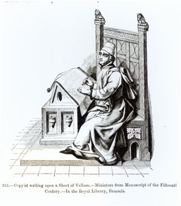 كتابة ناسخة على ورقة رق ، من مخطوطة ، رسم توضيحي من العلوم والأدب في العصور الوسطى وعصر النهضة ، كتبه ونقشه بول لاكروا ، 1878 (وزن الجسم ص بواسطة المدرسة الفرنسية