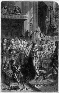 تتويج الإمبراطور أوتون الأول (912-973) للبابا يوحنا الثاني عشر عام 962 نقش في "Histoire des Papes-King-Queen-and-Empereurs عبر القرون" بقلم موريس لاكاتر بواسطة المدرسة الفرنسية