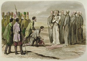 كورتيس عند أقدام مارتن دي فالنسيا (نقش ملون يدويًا) بواسطة المدرسة الفرنسية
