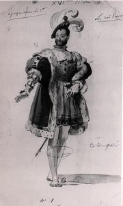 تصميم أزياء "Le Roi Samuse" (1832) بواسطة Victor Hugo (1802-85) (قلم وحبر وألوان مائية على ورق) (صورة بالأبيض والأسود) بواسطة المدرسة الفرنسية