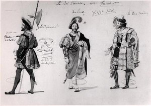 تصميمات أزياء لـ "Le Roi Samuse" (1832) بقلم فيكتور هوغو (قلم وحبر وألوان مائية على ورق) (صورة بالأبيض والأسود) بواسطة المدرسة الفرنسية