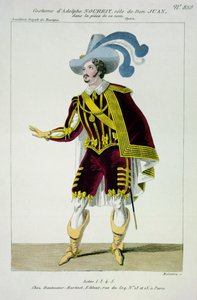 زي أدولف نوريت (1802-39) في دور دون جيوفاني في دار الأوبرا بهذا الاسم ، نقشها ماليفر ، طبعها Hautecoeur-Martinet بواسطة المدرسة الفرنسية