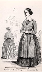 زي للفتيات في معهد الشباب المكفوفين ، في 'Tableau de Paris' بواسطة Edmond Texier ، نُشر عام 1852 (نقش) (صورة بالأبيض والأسود) بواسطة المدرسة الفرنسية