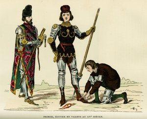 أزياء الأمير ، من مكتبته وخادمه ، في القرن الخامس عشر. نقش بالألوان ، في "France et les francais a travers les years" بقلم Augustin Challamel ، محرر F.Roy ، باريس 1882. مجموعة سيلفا. بواسطة المدرسة الفرنسية