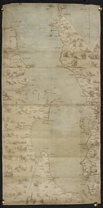 Cotton Augustus I ii f.65 خريطة القناة الإنجليزية (الساحل الجنوبي الإنجليزي والساحل الشمالي الفرنسي) بقلم جان روتز بواسطة المدرسة الفرنسية