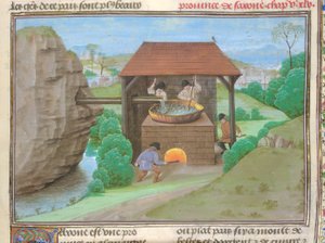 Cotton Augustus V، f.363 سقيفة ملح مع مقلاة وفرن ، رسم توضيحي من "Le Tresor des Histoires ..." (رق) بواسطة المدرسة الفرنسية