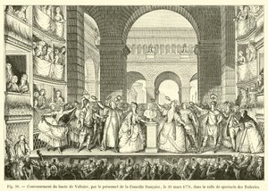 تتويج تمثال نصفي فولتير ، من قبل موظفي الكوميديا الفرنسية ، 30 مارس 1778 ، في قاعة عرض التويلري بواسطة المدرسة الفرنسية
