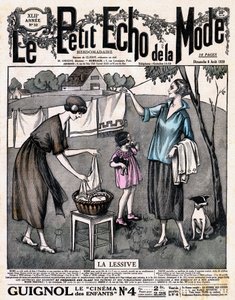 غلاف جريدة "Le petit echo de la mode" la detergent - امرأتان مع فتاة وكلب ينشران الكتان الذي يوضع ليجف على خيط خارجي ، رقم 32 في 8 أغسطس بواسطة المدرسة الفرنسية