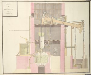 مقطع عرضي لآلة بخار لاستخراج الماء من المناجم ، c.1760 (قلم وحبر ومرحاض على ورق) بواسطة المدرسة الفرنسية