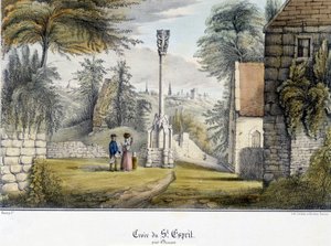 صليب الروح القدس بالقرب من دينان (كوت دي أرمور). رسم توضيحي للقرن التاسع عشر محفوظ في متحف دينان. بواسطة المدرسة الفرنسية