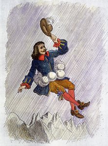 Cyrano de Bergerac ableve by his vials, illustration of the novel by Cyrano de Bergerac: “” L