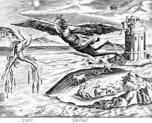 ديدالوس يهرب من كريت مع ابنه ، إيكاروس ، يراه يسقط حتى وفاته ، 1619 بواسطة المدرسة الفرنسية