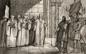 داغوبيرت (603-39) ، إزالة الراية في سانت دينيس ، من "هيستوار دو باريس" بواسطة كولارت ، نُشر عام 1840 بواسطة المدرسة الفرنسية