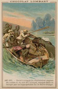 قارب ديفيد ليفينغستون يتعرض لهجوم من قبل فرس النهر على نهر أورانج ، أفريقيا ، 1867-1873 بواسطة المدرسة الفرنسية