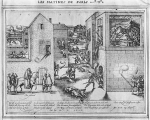 وفاة الأدميرال غاسبارد الثاني دي كوليجني (1519-1572) في وقت مذبحة سانت بارثولوميو عام 1572 (انظر 187818 للون) بواسطة المدرسة الفرنسية