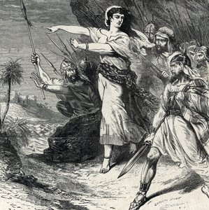 ديبورا تقود شعب إسرائيل المظلوم من قبل يابين ملك كنعان للقتال. نقش من "التاريخ المقدس" لمجموعة لاهور الخاصة من القرن التاسع عشر بواسطة المدرسة الفرنسية