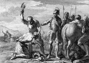 قطع رأس سيغريوس ، 486: إعدام الجنرال الروماني سياغريوس (430-486) هزم في معركة سواسون من قبل قوات كلوفيس 1. نقش من القرن الثامن عشر. بواسطة المدرسة الفرنسية