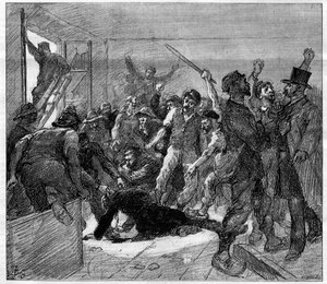 إضراب عمال مناجم Decazeville (Aveyron) في عام 1886: قُتل المهندس Watrin على يد Grevists. نقش في "" Le Monde Illustré "" ، ٦ فبراير ١٨٨٦. بواسطة المدرسة الفرنسية