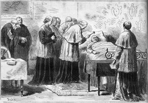 Deces of Pius IX (Pio) (1792-1878): طقوس الاعتراف بوفاة البابا. كاردينال يضرب جبين المتوفى بمطرقة فضية. نقش في "" Le Monde Illustré "" رقم 1089 بتاريخ 16 فبراير 1878. بواسطة المدرسة الفرنسية