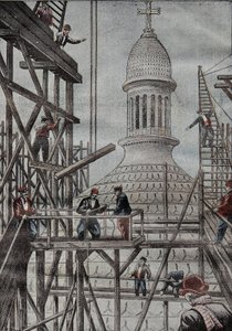 مظاهرة لسقالات تكشف عن نهاية بناء قبة بازيليك مونمارتر. نقش في "" Le Pelerin "" 17/12/1899. بواسطة المدرسة الفرنسية