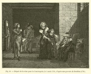 رحيل الملكة إلى كونسيرجيري ، ٢ أغسطس ١٧٩٣ ؛ بعد نقش بويلون ، 1795 بواسطة المدرسة الفرنسية