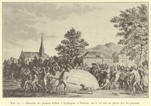 Descente du premier ballon a hydrogene a Gonesse, ou il est mis en pieces par les paysans (engraving) بواسطة المدرسة الفرنسية