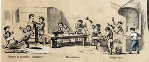 وصف أوقات الفراغ واللعب للأطفال: تعلم عدادات الكبار (النحات والحدادة والنجار) من قبل الأولاد الصغار. لوحة "" les jeux de l'enfance "في" "تعليمات les Recreations" "لوحة Synoptique بواسطة Jules DELBRUCK ، نقش من عام 186 بواسطة المدرسة الفرنسية