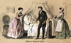 وصف الحواس الخمس: اللمس ، الطبيب ينبض بنبض فتاة مريضة. لوحة "" Les cinq sens "في" "تعليمات les Recreations" "لوحة Synoptique بواسطة Jules Delbruck ، نقش من عام 1860. مجموعة خاصة. بواسطة المدرسة الفرنسية