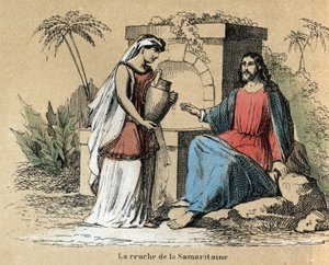 وصف المراحل المختلفة لصنع واستخدامات الصلصال: يسوع والسامري يحملان إبريقًا من الفخار في الكتاب المقدس. لوحة "" الطين ومنتجاته "" في "" تعليمات Les Recreations "" لوحة إجمالية لجول ديلبروك ، نقش من عام 1860. خاص بواسطة المدرسة الفرنسية
