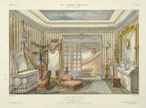 تصميم لجناح حمام من لو غارد ميوبل، حانة. باريس، ج. 1890 (طباعة حجرية ملونة) بواسطة المدرسة الفرنسية