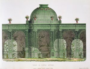تصميم لمعرض تعريشة مقوس مع قبة مركزية ، تم نشره لمكتب دي مونيتور دي مينوسييه ، باريس بواسطة المدرسة الفرنسية