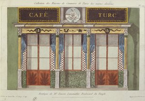 تصميم لواجهة مقهى Turc ، من سلسلة تصور أفضل المباني التجارية المزخرفة في باريس ، c.1810 بواسطة المدرسة الفرنسية