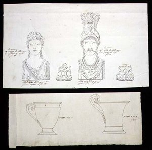 تصاميم لتركيبات أثاث Ormolu البرونزية المذهبة وأكواب خزف الإمبراطورية الفرنسية ، حوالي 1820 (قلم وحبر على ورق) بواسطة المدرسة الفرنسية