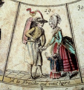 تفاصيل لعبة Goose of the Cree of Paris: الألبان وحامل المياه. نقش القرن الثامن عشر. كول. مغادرة. بواسطة المدرسة الفرنسية