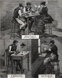 قطع الماس ، الصوت ، الخام والانقسام. نقش من عام 1885 في "" Les Arts et metiers Illustres "" لأدولف بيتارد. بواسطة المدرسة الفرنسية