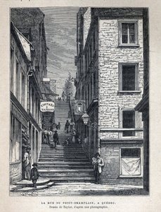 اكتشف كندا: Rue du Peute Champlain (Petity-Champlain) في كيبيك. رسم بواسطة تايلور من صورة. نقش من نهاية القرن التاسع عشر في "La nouvelle France" ليوجين جوينين. بواسطة المدرسة الفرنسية