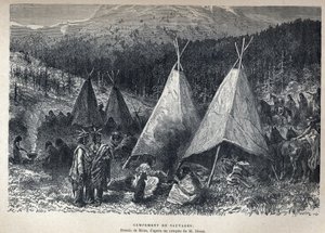 اكتشف كندا: معسكر الهنود الأمريكيين مع teepees. رسم ريو من رسم ديكسون. نقش من نهاية القرن التاسع عشر في "La nouvelle France" ليوجين جوينين. بواسطة المدرسة الفرنسية