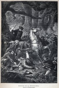 اكتشفت كندا: معركة مونونجاهيلا عام 1755 خلال حرب السنوات السبع. رسم فيليبوتو. نقش من نهاية القرن التاسع عشر في "La nouvelle France" ليوجين جوينين. بواسطة المدرسة الفرنسية