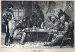 اكتشف كندا: الحطابين الكنديين. رسم بواسطة ميلارد. نقش من نهاية القرن التاسع عشر في "La nouvelle France" ليوجين جوينين. بواسطة المدرسة الفرنسية