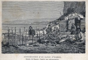 اكتشف كندا: بناء زورق من اللحاء. الرسم بواسطة باسوت بعد الصورة. نقش من نهاية القرن التاسع عشر في "La nouvelle France" ليوجين جوينين. بواسطة المدرسة الفرنسية
