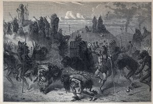 اكتشف كندا: رقصة البيسون في موندان. نقش من نهاية القرن التاسع عشر في "La nouvelle France" ليوجين جوينين. بواسطة المدرسة الفرنسية