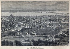 اكتشف كندا: منظر لمدينة مونتريال عام 1875. رسم من قبل بينويست بعد الصورة. نقش من نهاية القرن التاسع عشر في "La nouvelle France" ليوجين جوينين. بواسطة المدرسة الفرنسية