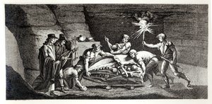 اكتشاف عظام حيوان ما قبل التاريخ ، رسم توضيحي من Histoire naturelle de la Montagne Saint-Pierre de Maastricht بواسطة Barthelemy Faujas de Saint Fond (1743-1819) 1799 بواسطة المدرسة الفرنسية