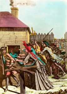 توزيع خبز الملك في متحف اللوفر عام 1709 بعد الشتاء العظيم الذي تسبب في ارتفاع أسعار الحبوب وحدوث مجاعات كبيرة. نقش من نهاية القرن الثامن عشر. مجموعة خاصة بواسطة المدرسة الفرنسية