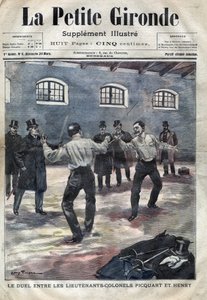 قضية دريفوس: المبارزة بين المقدم جورج بيكوارت (1854-1914) وهوبير هنري (1846-1898) في المدرسة العسكرية في باريس. غلاف "لا بيتيت جيروند" الصادر في مارس ١٨٩٨ (نقش) بواسطة المدرسة الفرنسية