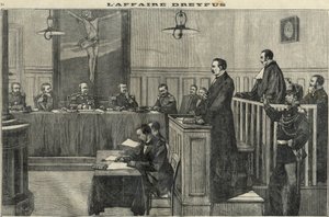 قضية دريفوس عام 1898: جلسة استماع لمجلس الحرب: محاكمة القائد إسترهازي. نقش في "Le petit parisien" من عام 1898. بواسطة المدرسة الفرنسية
