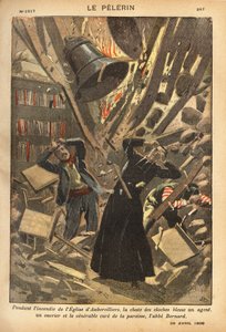 أثناء حريق كنيسة أوبرفيلييه، أدى سقوط الأجراس إلى إصابة عامل وعامل ورعاية الرعية. نقش في "Le pelerin" 29/04/1900. مجموعة سيلفا. بواسطة المدرسة الفرنسية