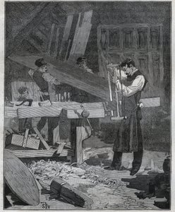 Ebenisterie: عامل أبينيست يقوم بتقسيم اللوحة في المنشأة. نقش من عام 1885 في "" Les Arts et metiers Illustres "" لأدولف بيتارد. بواسطة المدرسة الفرنسية
